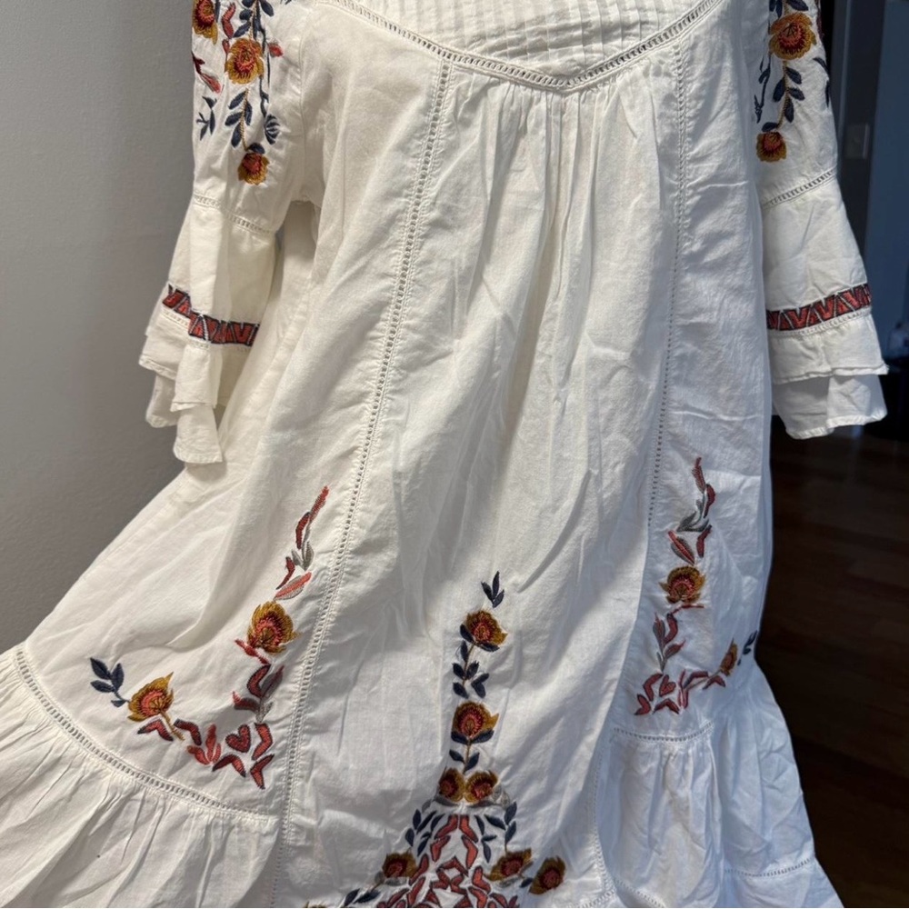 Free People White Midi Dress with Floral Embroidery